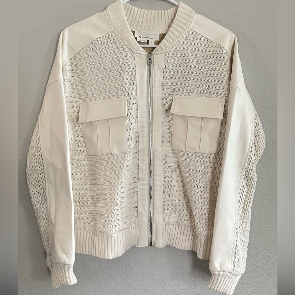 Anthropologie Crochet Faux Leather Trim Bomber Bomber Cardigan Sweater Size S
